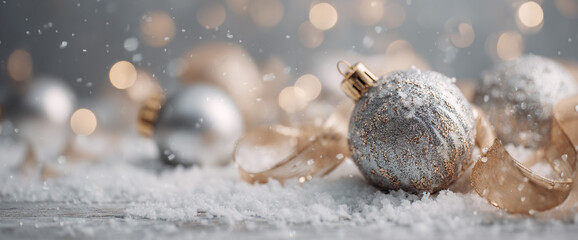 Luxury holiday flat lay with silver spheres, gold ribbon, matte snowy surface and soft cinematic bokeh, 32k