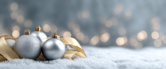 Luxury holiday flat lay with silver spheres, gold ribbon, matte snowy surface and soft cinematic bokeh, 32k