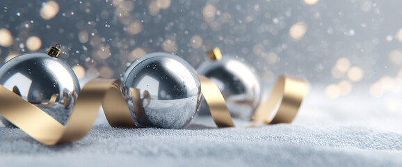Luxury holiday flat lay with silver spheres, gold ribbon, matte snowy surface and soft cinematic bokeh, 32k