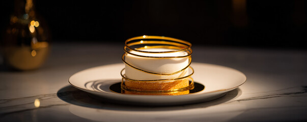 Luxury minimalist cake with pure gold candle holder rings, high-contrast spotlight 32k ultra HD