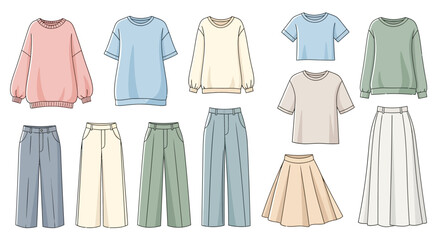 Naklejka premium Fashionable Outfit Collection - Stylish Tops and Bottoms for Women.