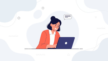 Woman working on laptop with chat bubble, modern flat illustration