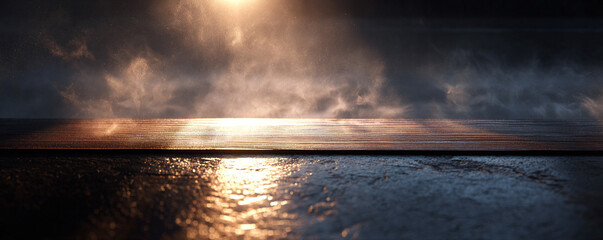 Low dense ground fog reflecting warm wood glow and cool concrete textures 32k ultra HD