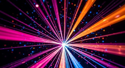 Abstract burst of neon light rays radiating from a central point on a dark background