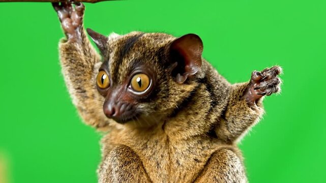 Close-up of a small, wide-eyed bushbaby or galago primate with brown fur and large yellow eyes, holding on against a vibrant green background.