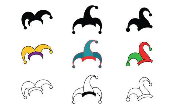 Jester hat vector set, Cartoon jester hat illustration, Joker symbol, Colorful harlequin joker caps collection.