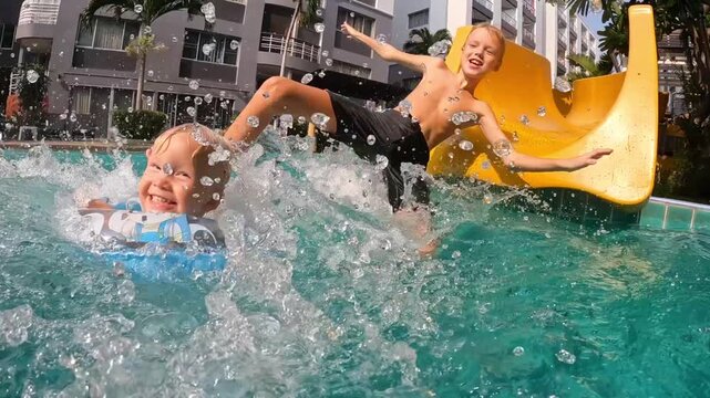 A father and two sons ride down a yellow water slide into a swimming pool together - laughter, speed and a big splash of water on a sunny day.
