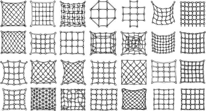 Various Hand-drawn Rope Net and Grid Patterns. Set of Sketch Illustrations for Playgrounds, Safety, Cargo, and Decorative Designs.