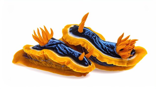 Two nudibranchs blue/black center, yellow fringe, orange gills