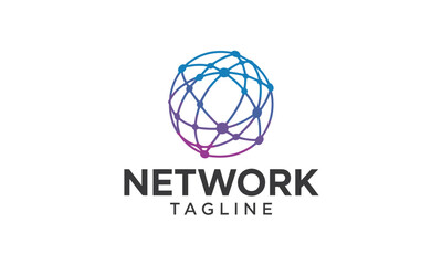 Fototapeta premium A minimalist featuring a circular network of connected nodes in blue and purple with the word
