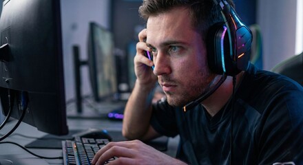 Focused Gamer Playing Competitive Video Game