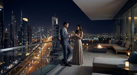 Elegant Couple Toasting on Luxury City Balcony
