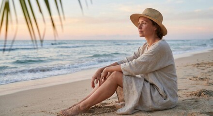 Peaceful Woman in Hat on Beach at Sunset.