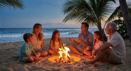 Multi-Generational Family by a Tropical Beach Bonfire