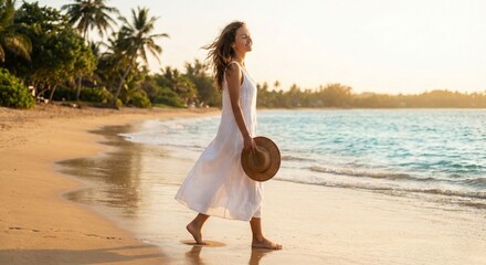 Woman Walking on Tropical Beach at Golden Hour