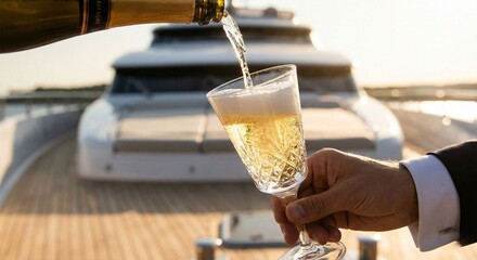 Pouring Champagne into Glass on a Luxury Yacht
