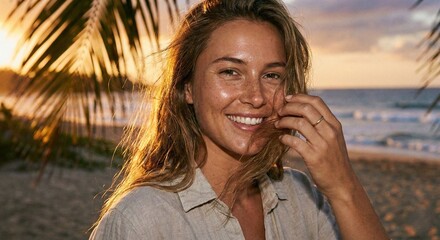 Happy Young Woman on Tropical Beach at Sunset