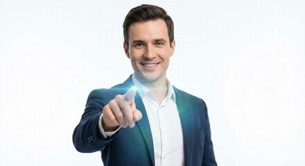 Smiling Businessman Pointing with Glowing Finger