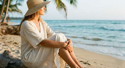 Woman Relaxing on Tropical Beach at Sunset.
