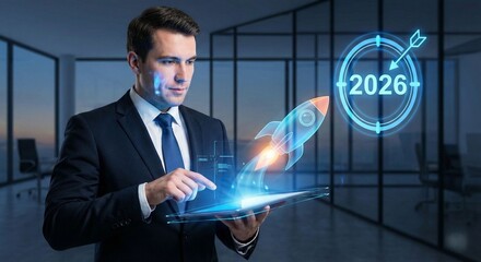 Businessman Plans 2026 Growth Strategy with Hologram