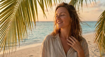 Happy Woman Enjoys Tropical Beach Sunset