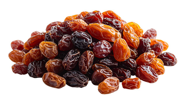Bunch of assorted raisins and dried grapes heap isolated on white background