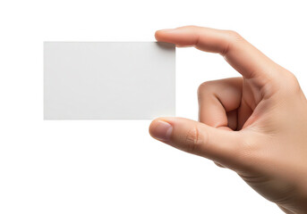 A hand holding a blank white card ideal for mockups on transparent background