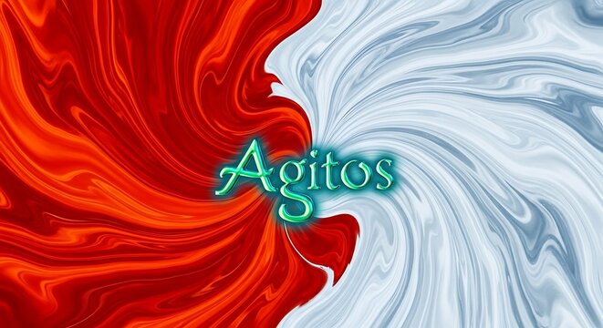 The text 'Agitos' appears centered within a swirling vortex of contrasting fiery red and cool icy blue textures.