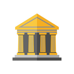 Obraz premium A stylized illustration of a building with columns and a triangular roof stands alone on a flat surface in a graphic design.