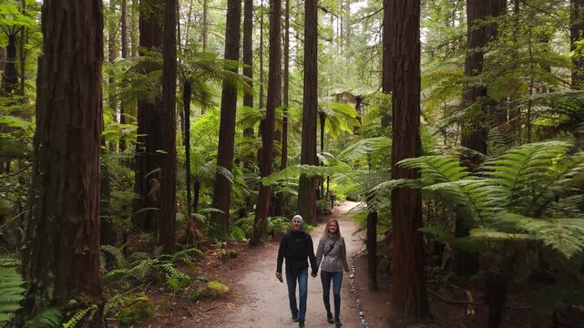 Couple walks through Rotorua redwood forest with ferns Aerial