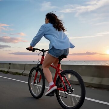Free-Spirited Woman Cycling by the Ocean at Golden Hour / Mujer Joven en Bicicleta por el Paseo Mar&iacute;timo al Atardecer
