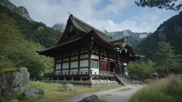Aerial view of a beautiful and rustic Japanese temple with forest landscape background, white puffy clouds and blue sky during a bright sunny day