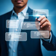 Business professional using digital checklist interface with checkmark icons, representing task completion, quality control, workflow management, and process verification, wallpaper Photo 