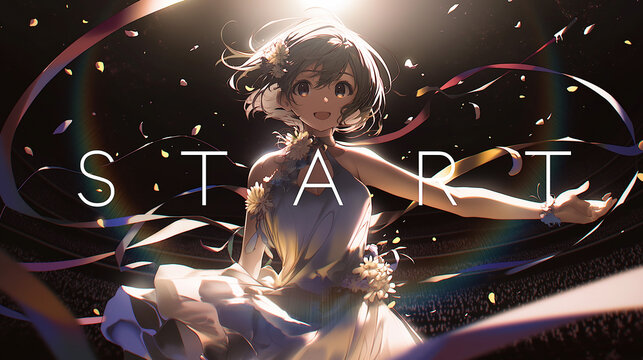 Anime Idol Girl Posing on Stage with START Text &ndash; Concept of Beginning, Challenge and Success
,STARTの文字と共にステージでポーズを決めるアイドル風アニメ美少女｜挑戦・始まり・成功イメージ
