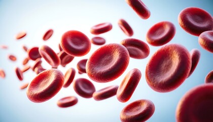 Fototapeta premium Microscopic macro view of erythrocytes flowing through bloodstream, illustrating anemia, circulation, and hematology research. Medical science background for healthcare, laboratory diagnostics, infect