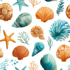 Obraz premium Watercolor Ocean Icon Seamless Pattern with Seashells, Starfish and Seaweed