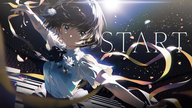 Anime Idol Girl Posing on Stage with START Text &ndash; Concept of Beginning, Challenge and Success
,STARTの文字と共にステージでポーズを決めるアイドル風アニメ美少女｜挑戦・始まり・成功イメージ
