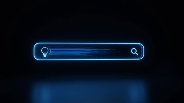 Glowing search bar with location icon in neon blue lighting on dark background for web design