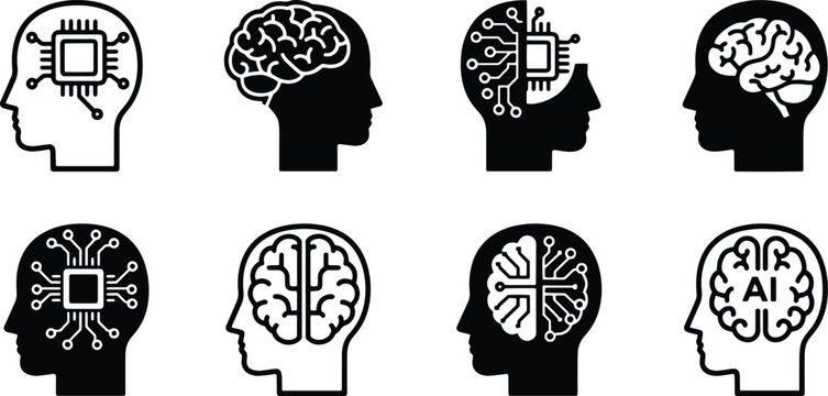 A set of vector line art illustrations depicting human heads with brains and microchips for AI and technology concepts in silhouette mode