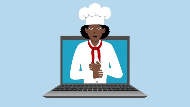 Opening Laptop With Black Female Chef Animation Video 4K suitable for your project needs