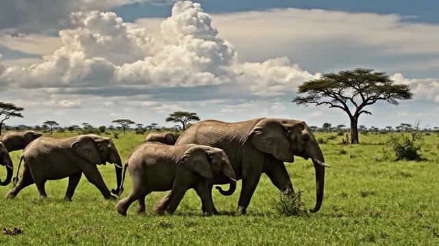 A herd of elephants, including adults and young, walks across a vast green sav