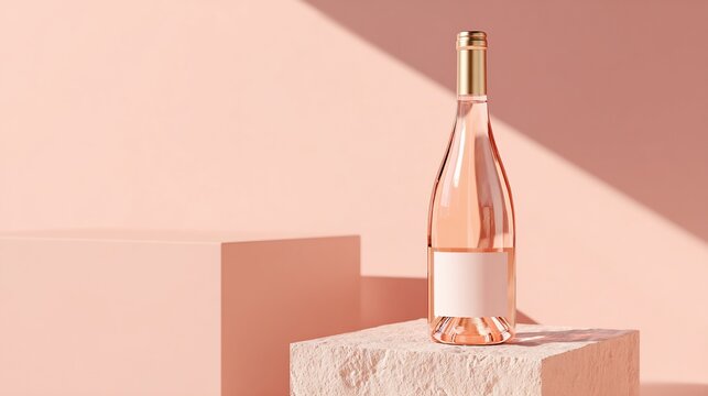 A bottle of ros? wine with a blank label stands on a textured surface, bathed in sunlight