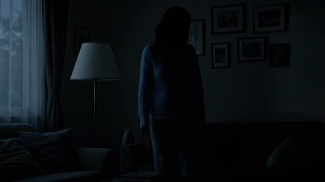 Woman standing alone in a dimly lit living room with a lamp and framed pictures on the wall.