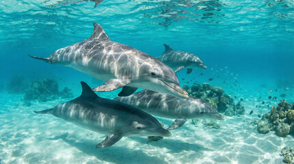 Fototapeta premium A pod of bottlenose dolphins swimming gracefully through crystal clear turquoise ocean waters near a coral reef