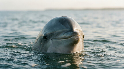Fototapeta premium Close-up portrait of a curious bottlenose dolphin head emerging from calm ocean waters at sunrise.