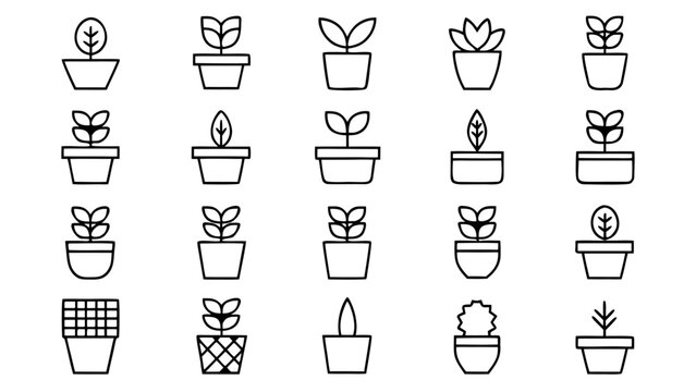 Thirty clean outline icons related to flowerpots and various types of plants, created with a consistent linear aesthetic.