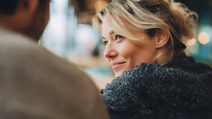 Woman with blonde hair is smiling at a man
