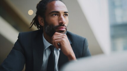 Man in a suit is looking at a laptop