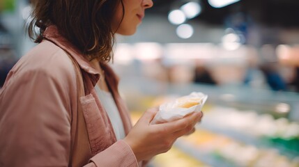 Woman is holding a paper bag with a food item in it