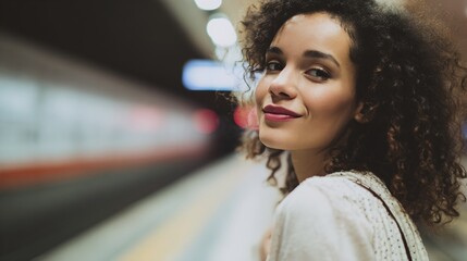 Woman with curly hair is smiling at the camera